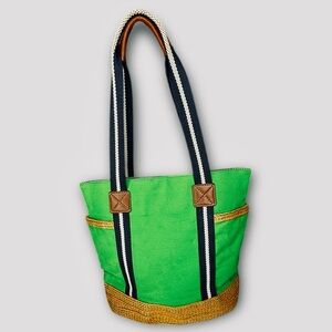 Tommy Hilfiger Bright Green Canvas Straw Boat Tote Bag Purse Preppy Chic Coastal